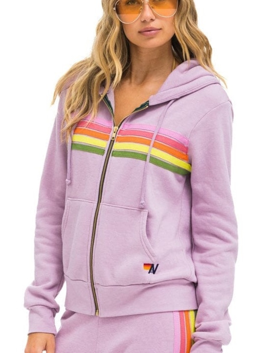 Aviator Nation Mauve Pink Green 5 Stripe Zip Up Hoodie Sweatshirt XS - Picture 5 of 5